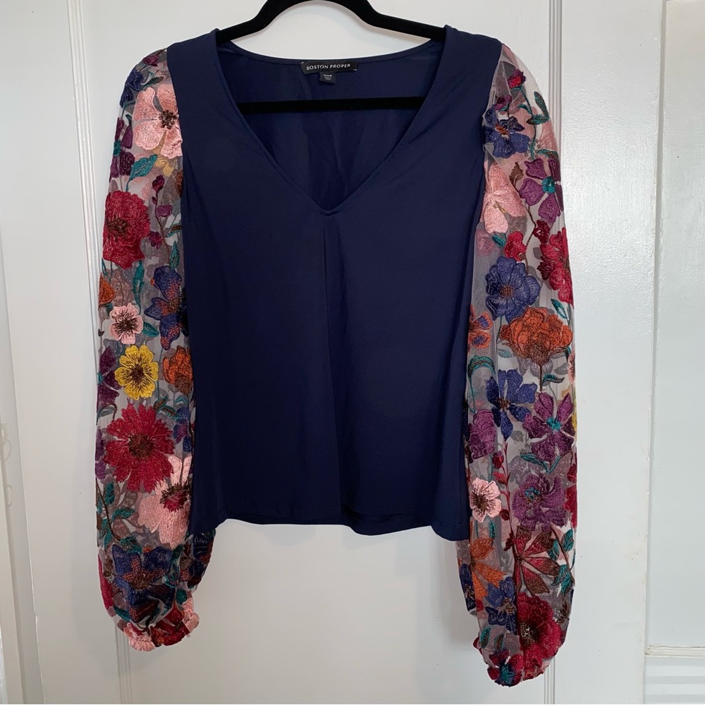 Boston Proper Blouse Womens Medium Blue Mesh Embroidered Floral Long Sleeve Top - Picture 1 of 6